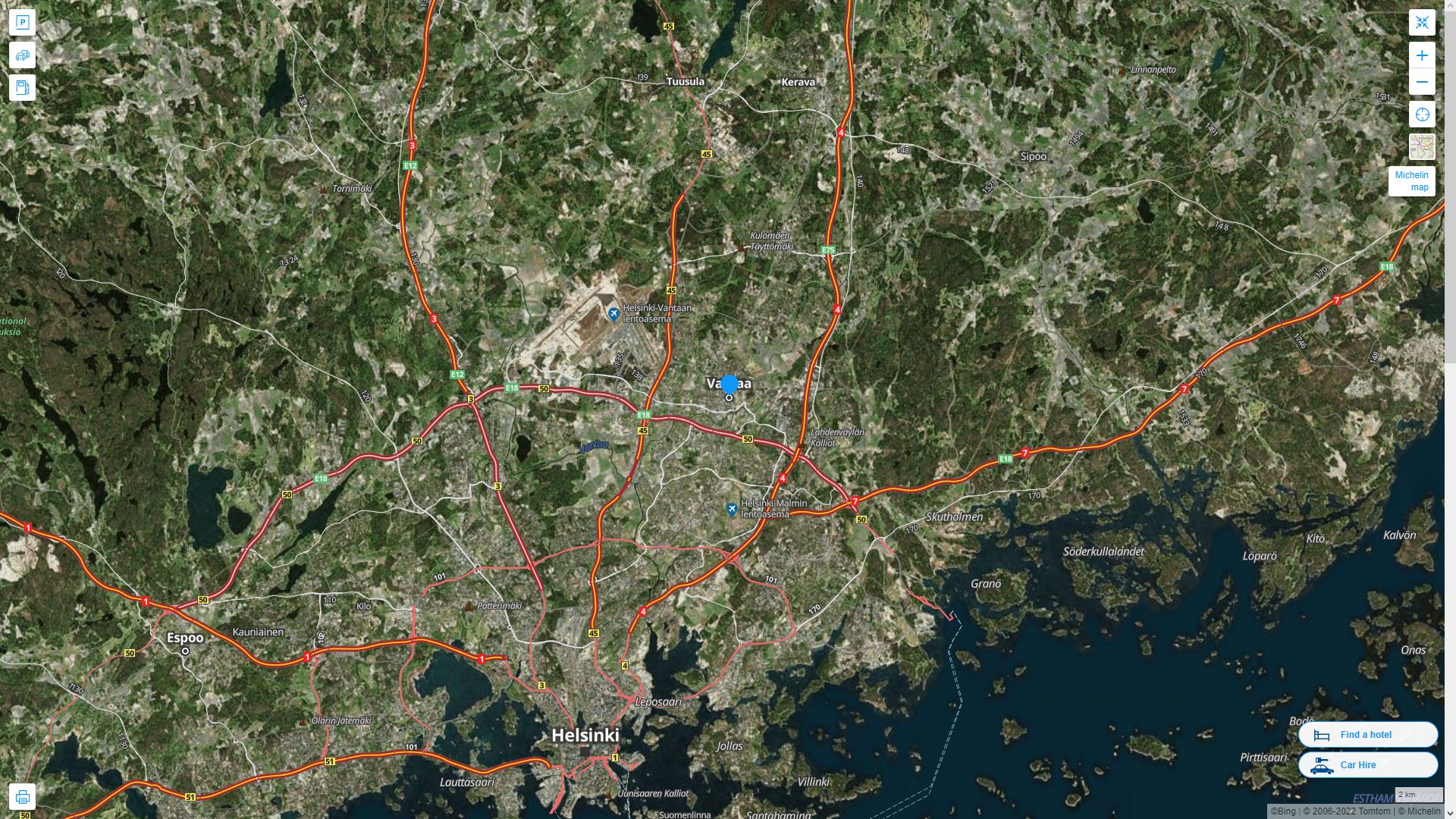 Vantaa Finlande Autoroute et carte routiere avec vue satellite